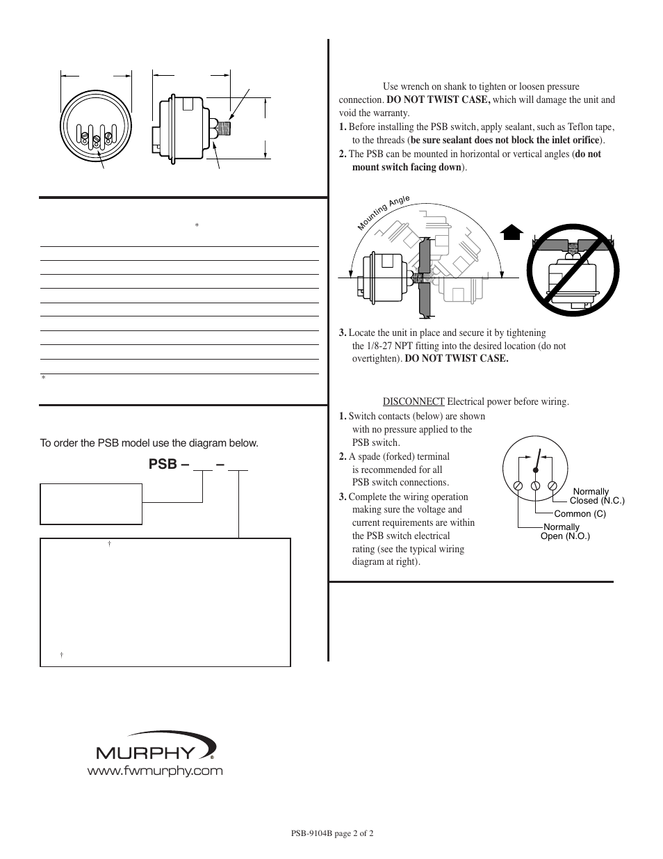 Installation instructions, Dimensions, Mounting | Trip point chart, Wiring, How to order | Murphy PSB User Manual | Page 2 / 2