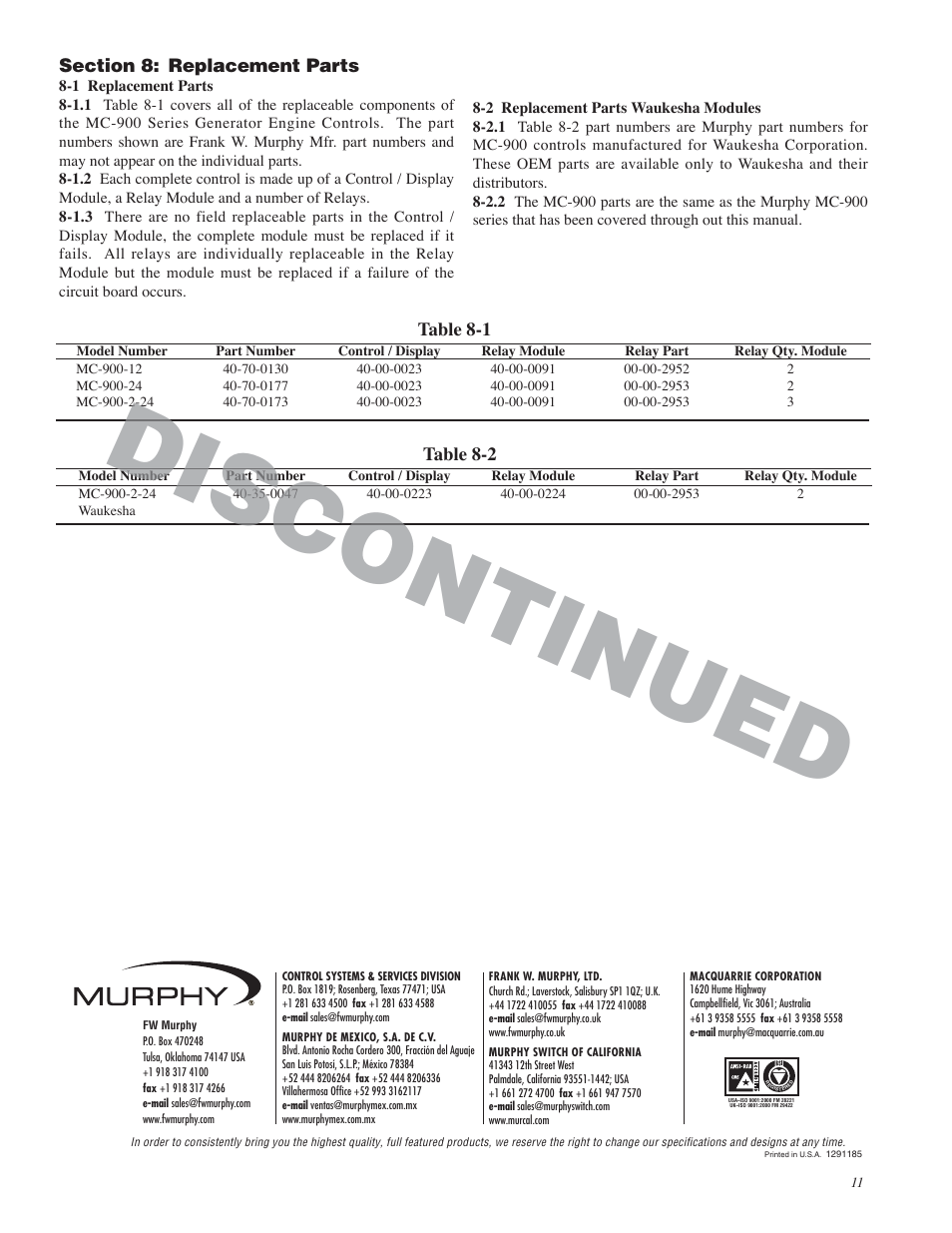 Discontinued, Table 8-1 table 8-2 | Murphy MC-900 Series User Manual | Page 13 / 13