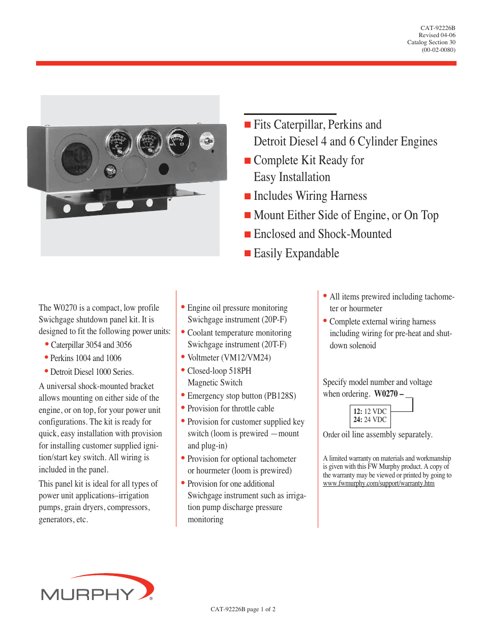 Murphy Swichgage Shutdown Panel Kit W0270 User Manual | 2 pages