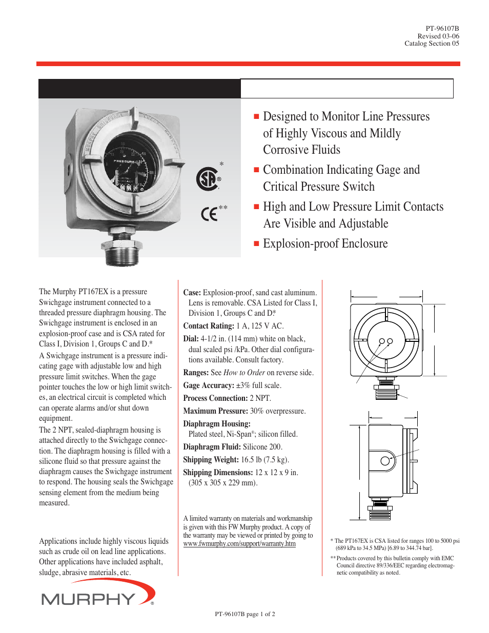 Murphy Lead Line Pressure Swichgage Instrument PT167EX User Manual | 2 pages