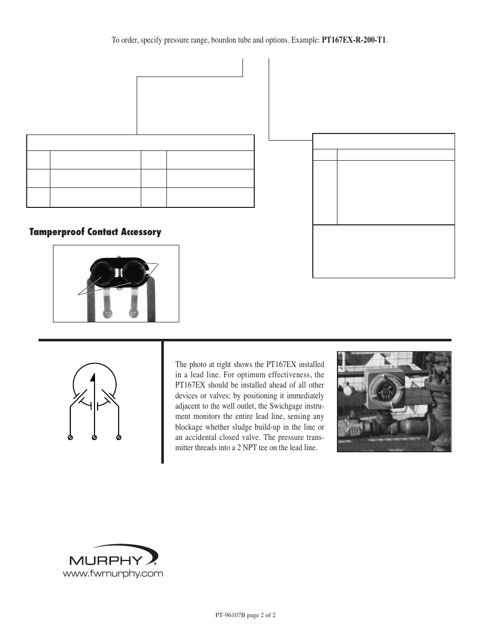 Typical installation, Internal wiring, How to order | Tamperproof contact accessory | Murphy Lead Line Pressure Swichgage Instrument PT167EX User Manual | Page 2 / 2