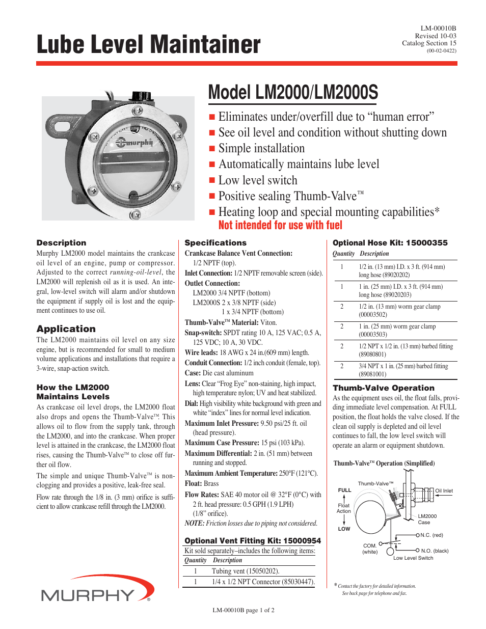 Murphy Lube Level Maintainer LM2000S User Manual | 2 pages