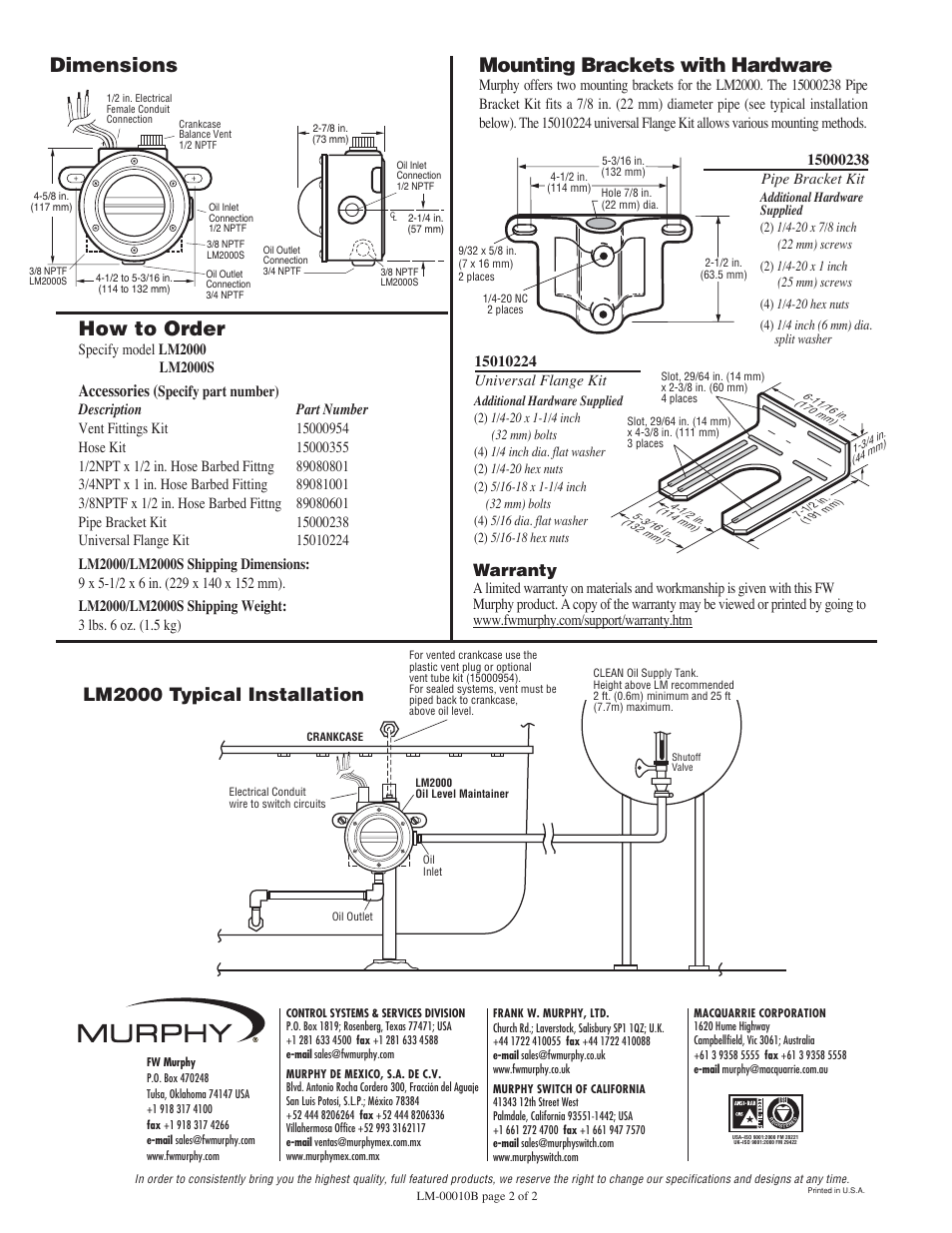 How to order, Mounting brackets with hardware, Dimensions | Lm2000 typical installation, Accessories, Warranty | Murphy Lube Level Maintainer LM2000S User Manual | Page 2 / 2
