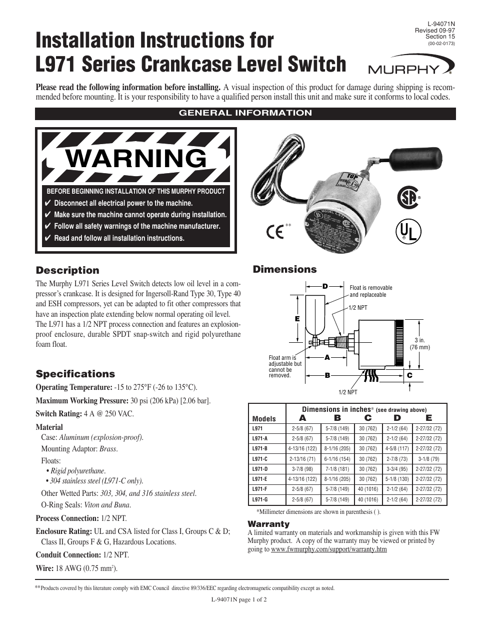 Murphy L971 Series User Manual | 2 pages