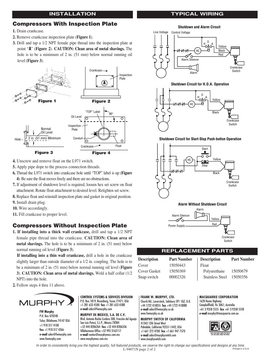 Compressors with inspection plate, Compressors without inspection plate | Murphy L971 Series User Manual | Page 2 / 2