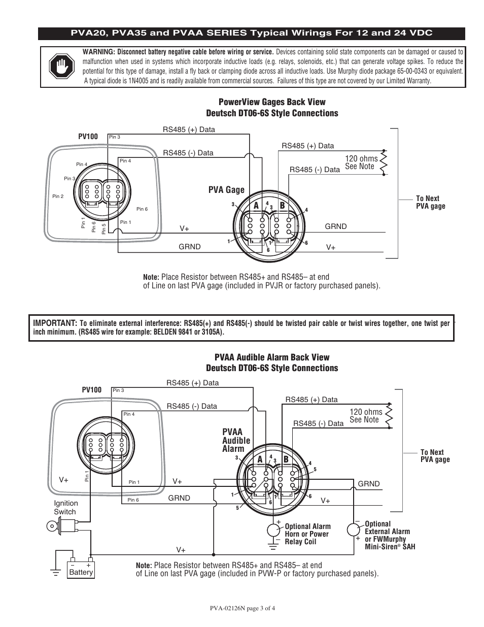 Pva gage, Pvaa audible alarm, Important | Murphy PowerView Analog Gages PVA35 User Manual | Page 3 / 4