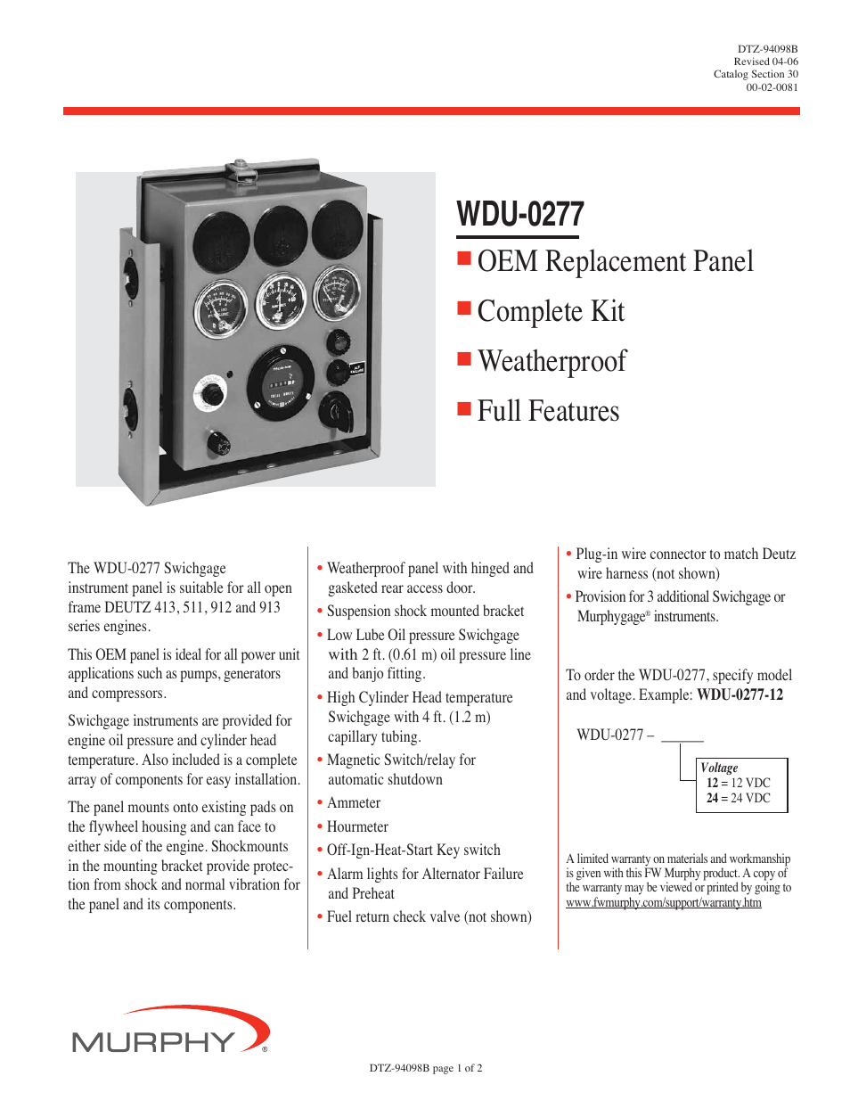 Murphy Swichgage WDU-0277 User Manual | 2 pages