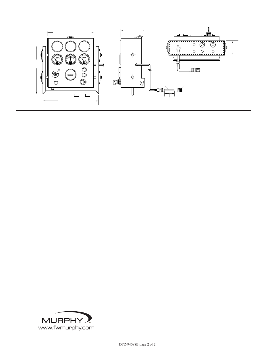 Dimensions, Front view side view, Bottom view | Murphy Swichgage WDU-0277 User Manual | Page 2 / 2