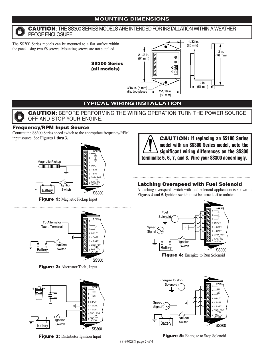 Frequency/rpm input source, Latching overspeed with fuel solenoid, Figure 4: energize to run solenoid | Ss300 series (all models) | Murphy Selectronic SS300 Series User Manual | Page 2 / 4