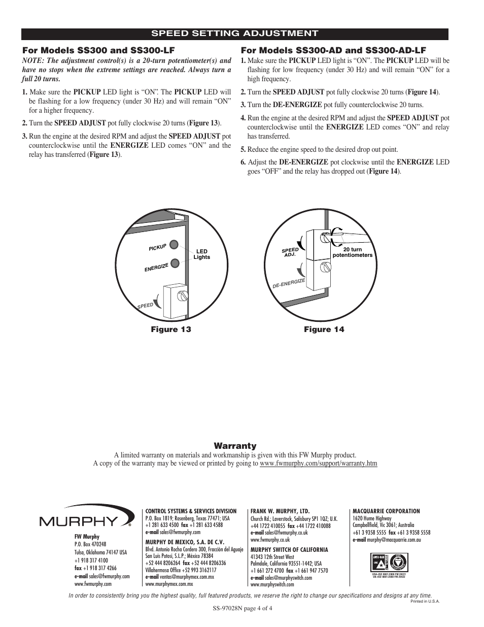 Warranty | Murphy Selectronic SS300 Series User Manual | Page 4 / 4