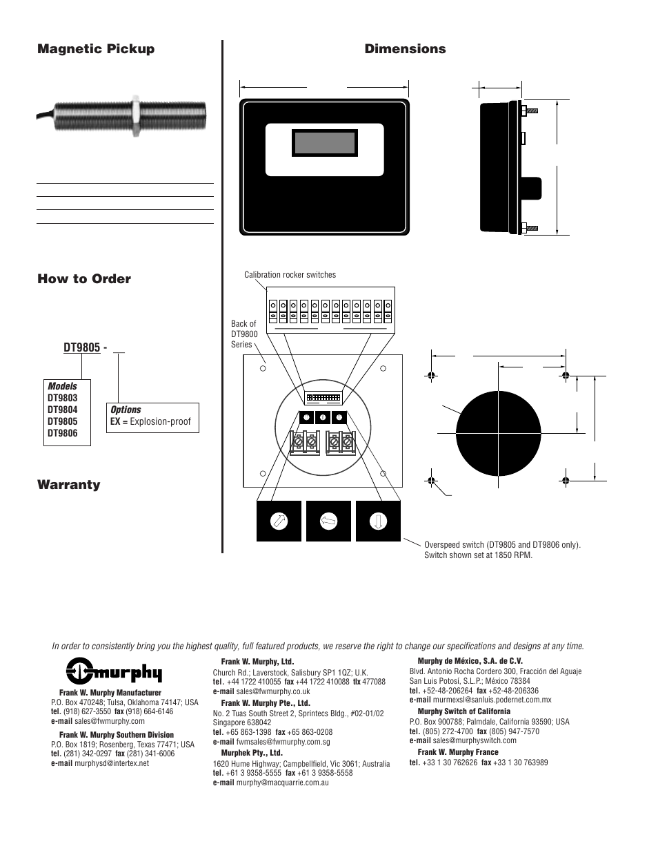 Magnetic pickup, How to order, Warranty | Dimensions, Murphy offers magnetic pickups sold separately, Mounting hole, Dt9805 | Murphy Selectronic DT9800 User Manual | Page 2 / 2