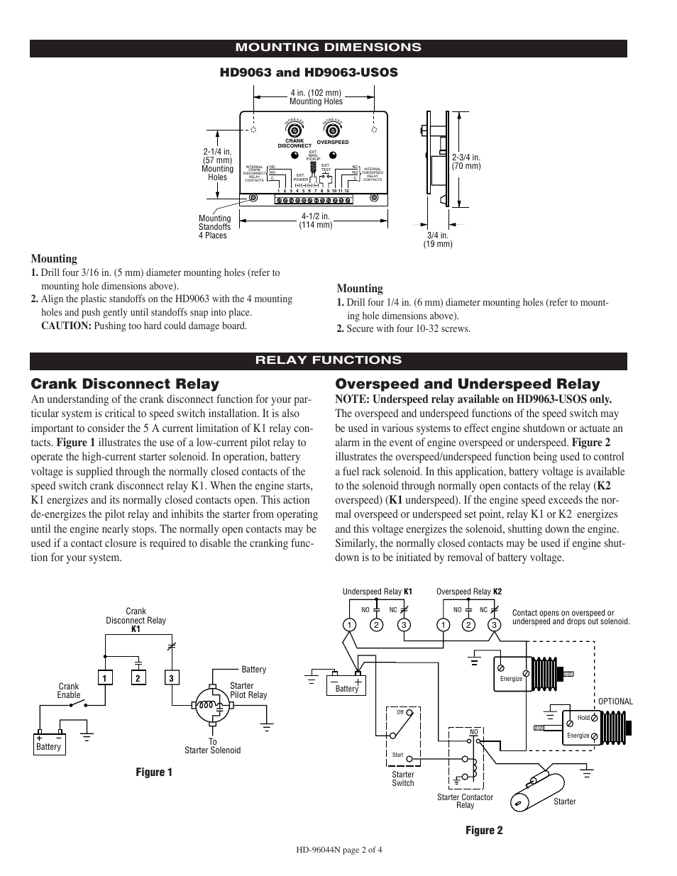 Crank disconnect relay, Overspeed and underspeed relay, Mounting | Mounting dimensions figure 1 figure 2 | Murphy HD9063 Series User Manual | Page 2 / 4