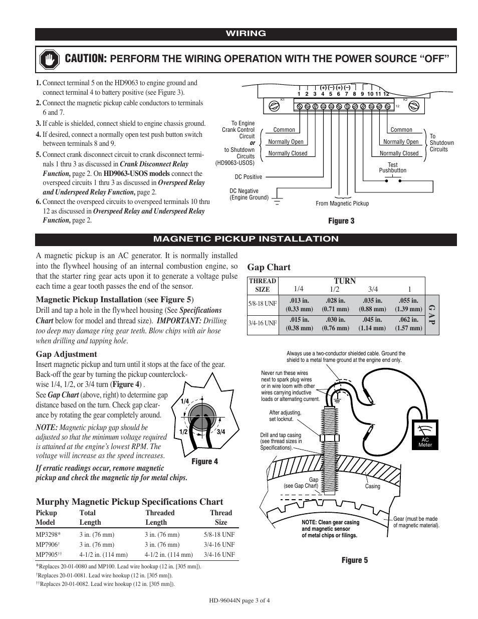 Caution, Murphy magnetic pickup specifications chart, Gap chart | Turn | Murphy HD9063 Series User Manual | Page 3 / 4