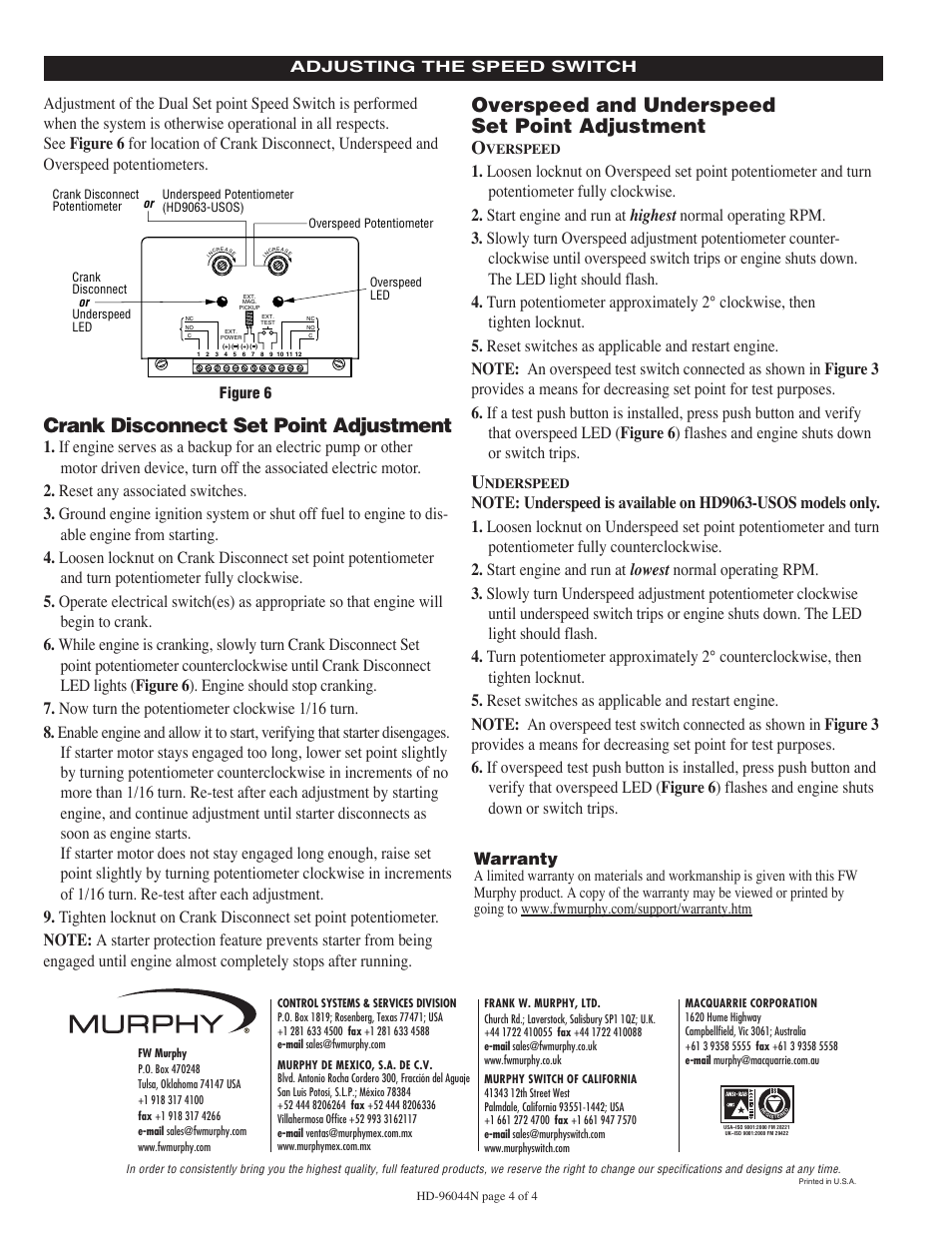 Crank disconnect set point adjustment, Overspeed and underspeed set point adjustment, Warranty | Murphy HD9063 Series User Manual | Page 4 / 4