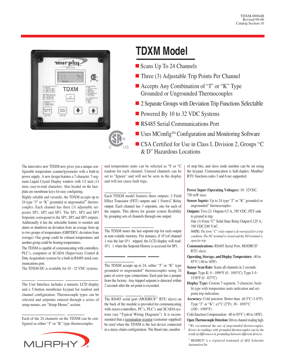Murphy Temperature Scanner/Pyrometer TDXM User Manual | 2 pages