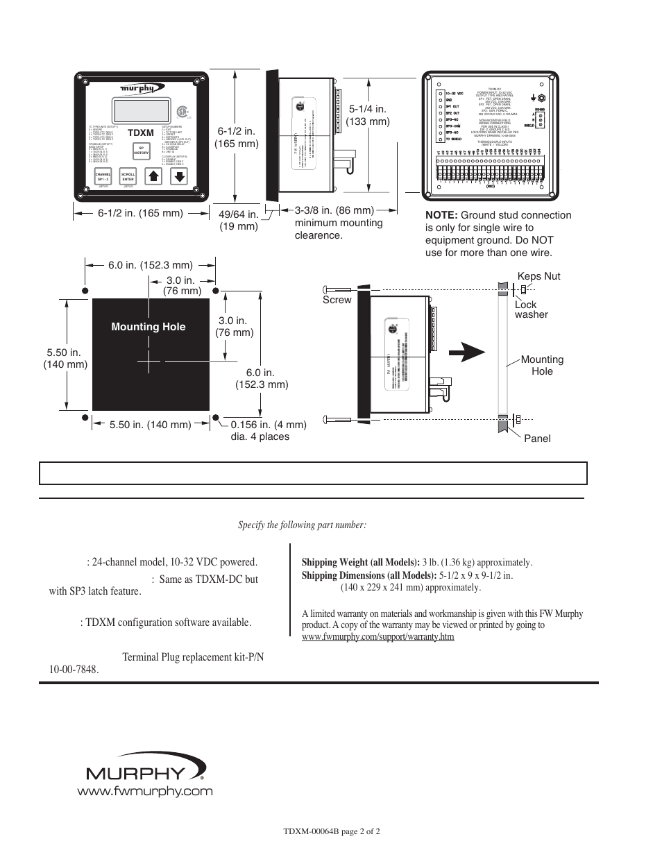 Tdxm module dimensions, How to order your tdxm, Front | Mconfig : tdxm configuration software available, Warranty, Side back, Head/module, Configuration software, Replacement parts, Specify the following part number | Murphy Temperature Scanner/Pyrometer TDXM User Manual | Page 2 / 2