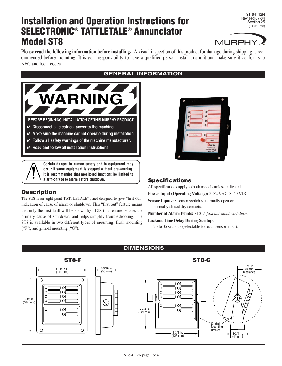 Murphy Selectronic Tattletale Annunciator ST8 User Manual | 4 pages