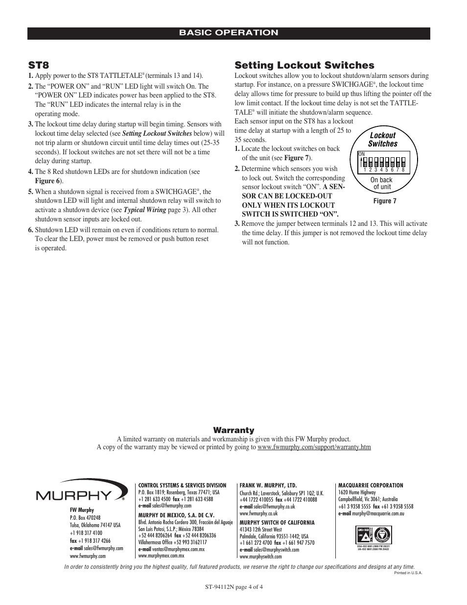 Setting lockout switches, Warranty | Murphy Selectronic Tattletale Annunciator ST8 User Manual | Page 4 / 4