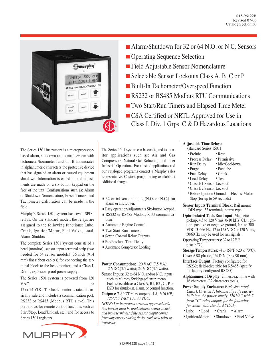 Murphy Selectronic Micro-Controller/Annunciator Series 1501 User Manual | 2 pages