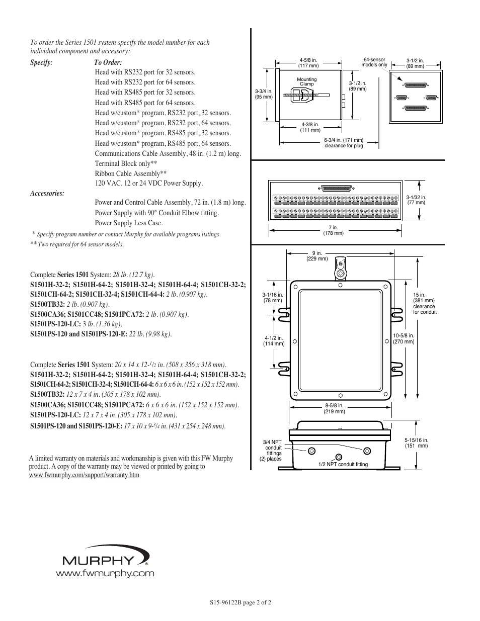 Dimensions how to order, Approximate shipping weights, Approximate shipping dimensions | Warranty | Murphy Selectronic Micro-Controller/Annunciator Series 1501 User Manual | Page 2 / 2