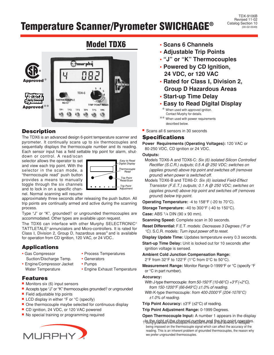 Murphy Temperature Scanner/Pyrometer SWICHGAGE TDX6 User Manual | 2 pages
