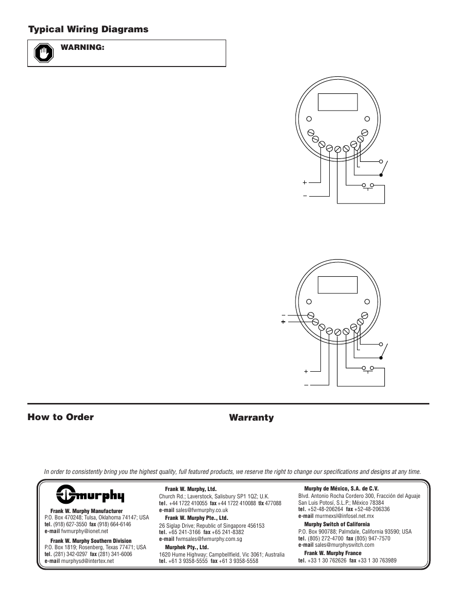 How to order, Warranty, Typical wiring diagrams | Murphy Digital Time Meters HD35-CD User Manual | Page 2 / 2