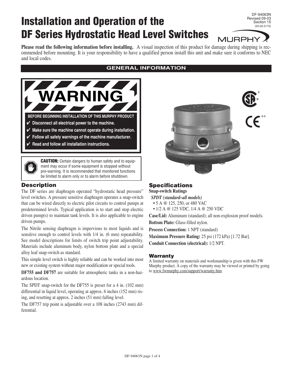 Murphy DF Series User Manual | 4 pages