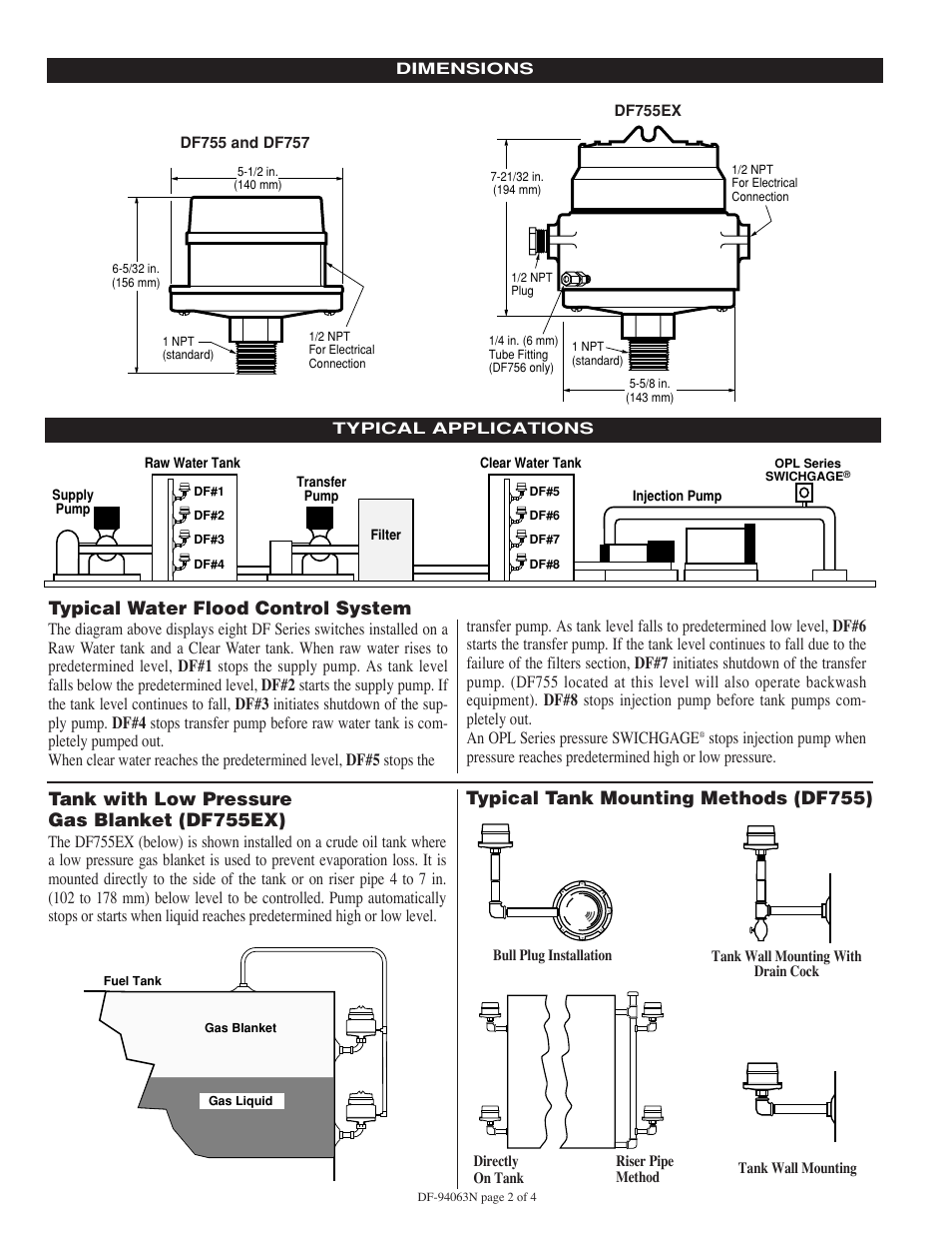 Typical water flood control system, Tank with low pressure gas blanket (df755ex), Typical tank mounting methods (df755) | Murphy DF Series User Manual | Page 2 / 4