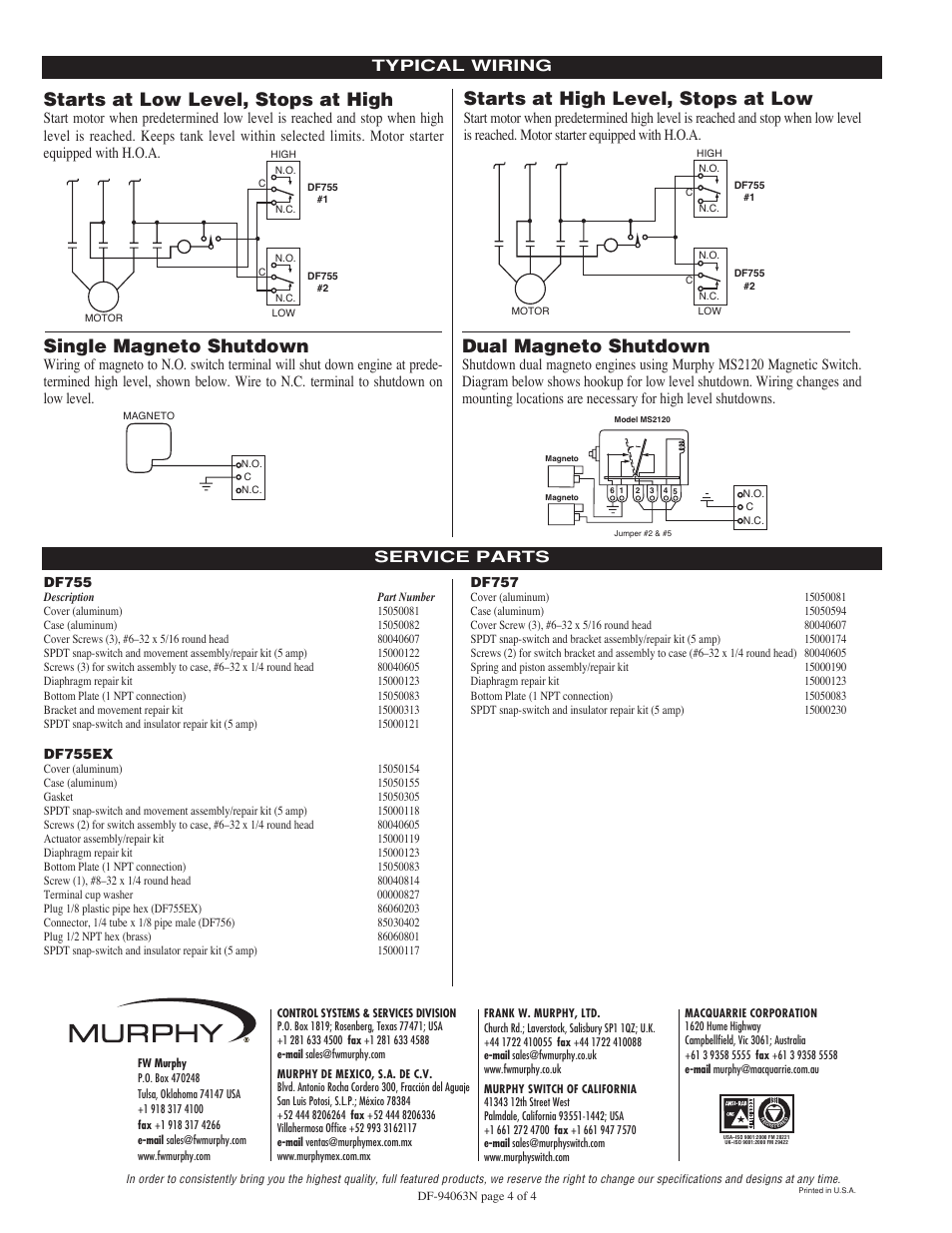 Starts at low level, stops at high, Starts at high level, stops at low, Single magneto shutdown | Dual magneto shutdown, Typical wiring service parts | Murphy DF Series User Manual | Page 4 / 4