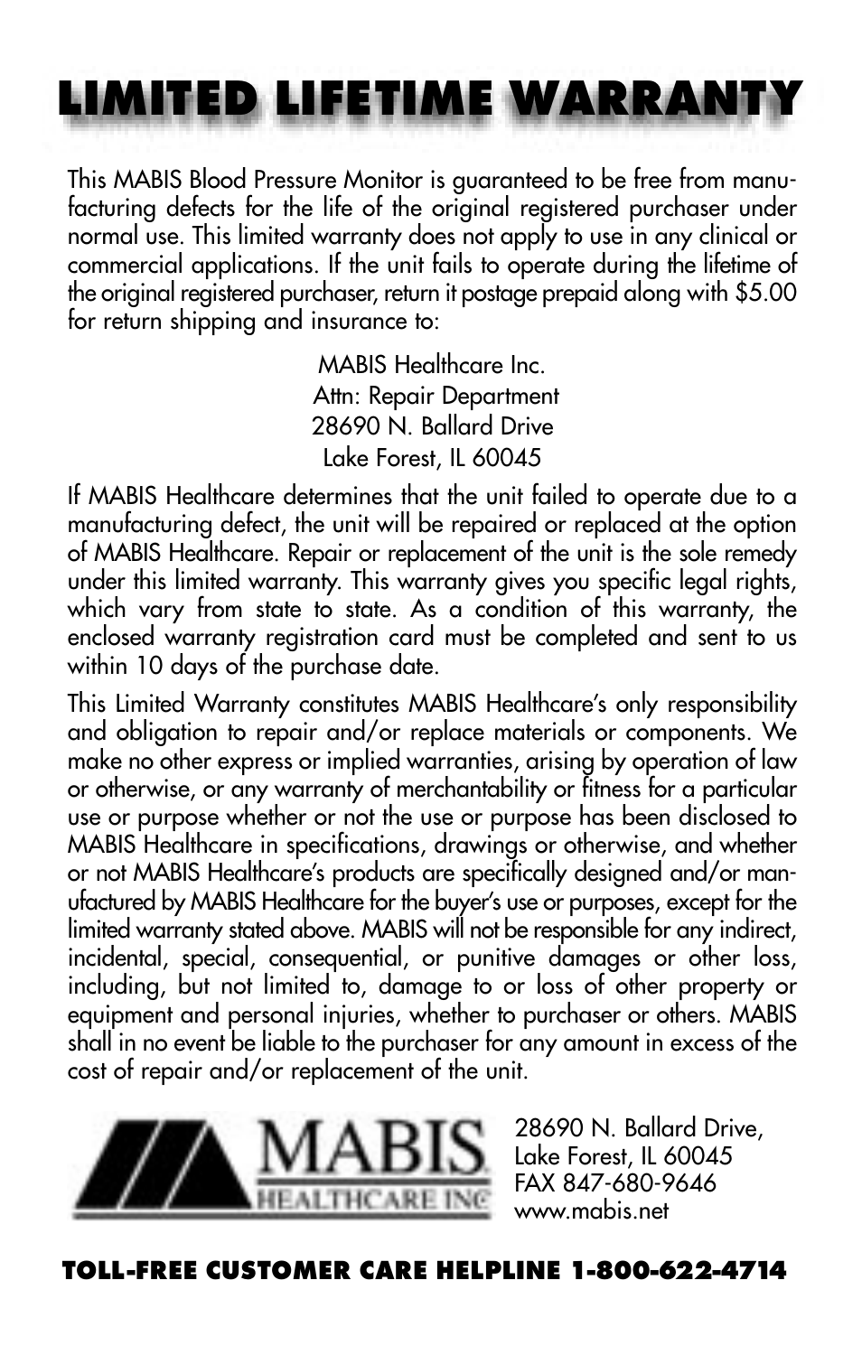 Limited lifetime warranty | MABIS/Duro-Med 04-255-001 User Manual | Page 2 / 28