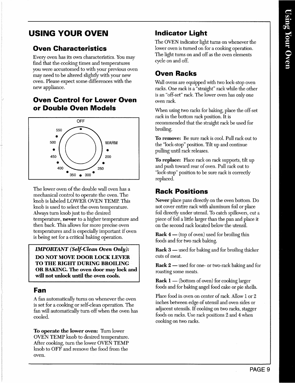 Oven characteristics, Oven control for lower oven or double oven models, Oven racks | Rack positions, Indicator light | Maytag CWE5800 User Manual | Page 11 / 20