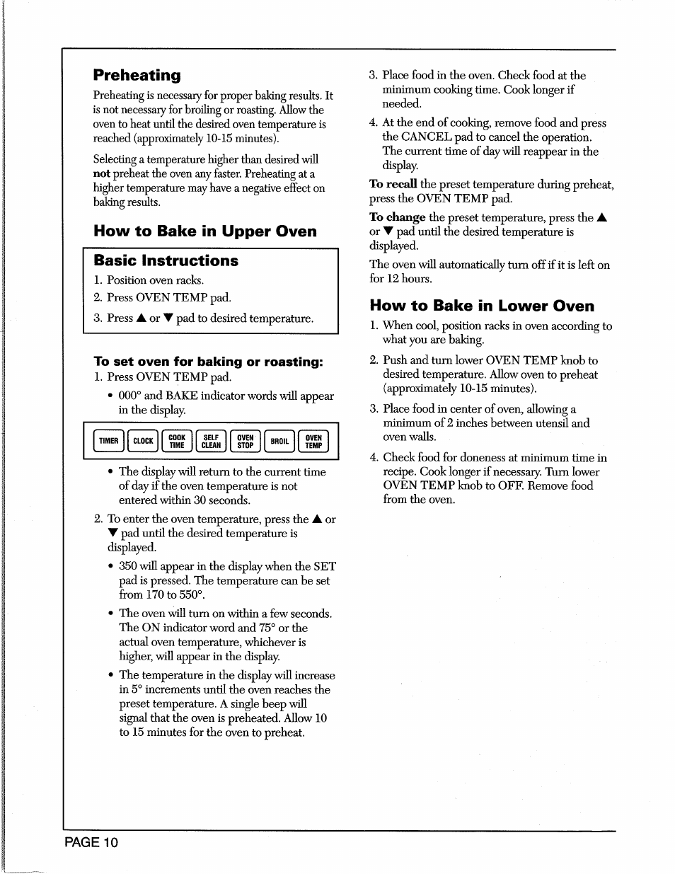 Preheating, How to bake in upper oven, To set oven for baking or roasting | How to bake in lower oven, Preheating -10, How to bake in upper oven basic instructions | Maytag CWE5800 User Manual | Page 12 / 20