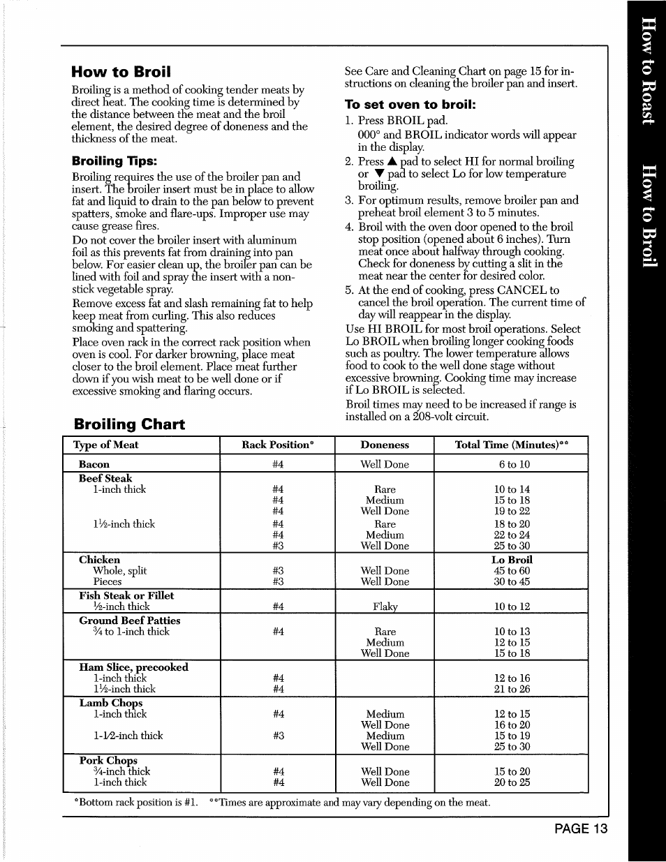 How to broil, Broiling tips, Broiling chart | To set oven to broil | Maytag CWE5800 User Manual | Page 15 / 20