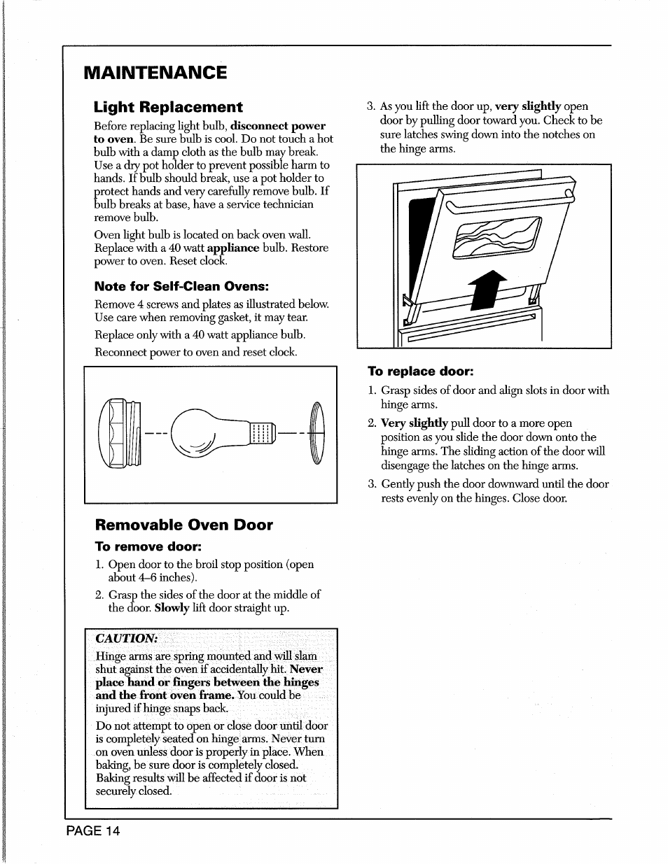 Light replacement, Note for self-clean ovens, Removable oven door | To remove door, To replace door, Maintenance | Maytag CWE5800 User Manual | Page 16 / 20