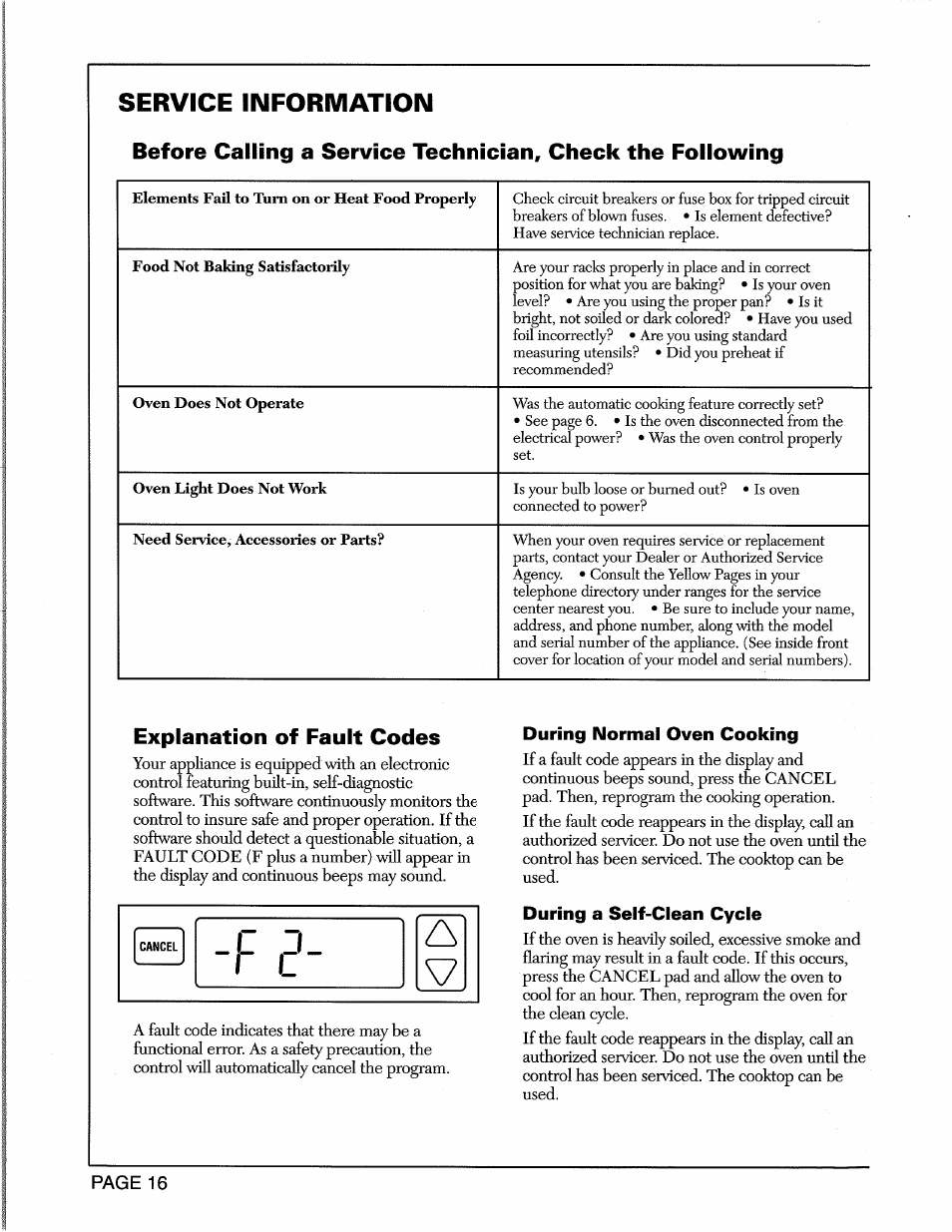 Explanation of fault codes, During normal oven cooking, During a self-clean cycle | Service information | Maytag CWE5800 User Manual | Page 18 / 20