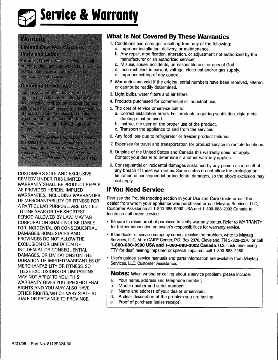 What is not covered by these warranties, If you need service, Service & worranty | Warranty | Maytag CWE5800 User Manual | Page 20 / 20