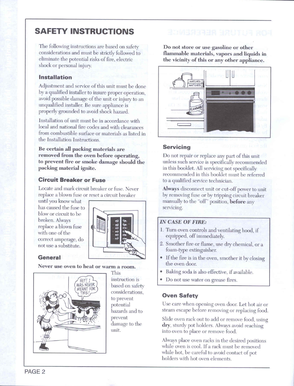 Installation, Circuit breaker or fuse, General | Servicing, Oven safety, Service, Safety instructions | Maytag CWE5800 User Manual | Page 4 / 20