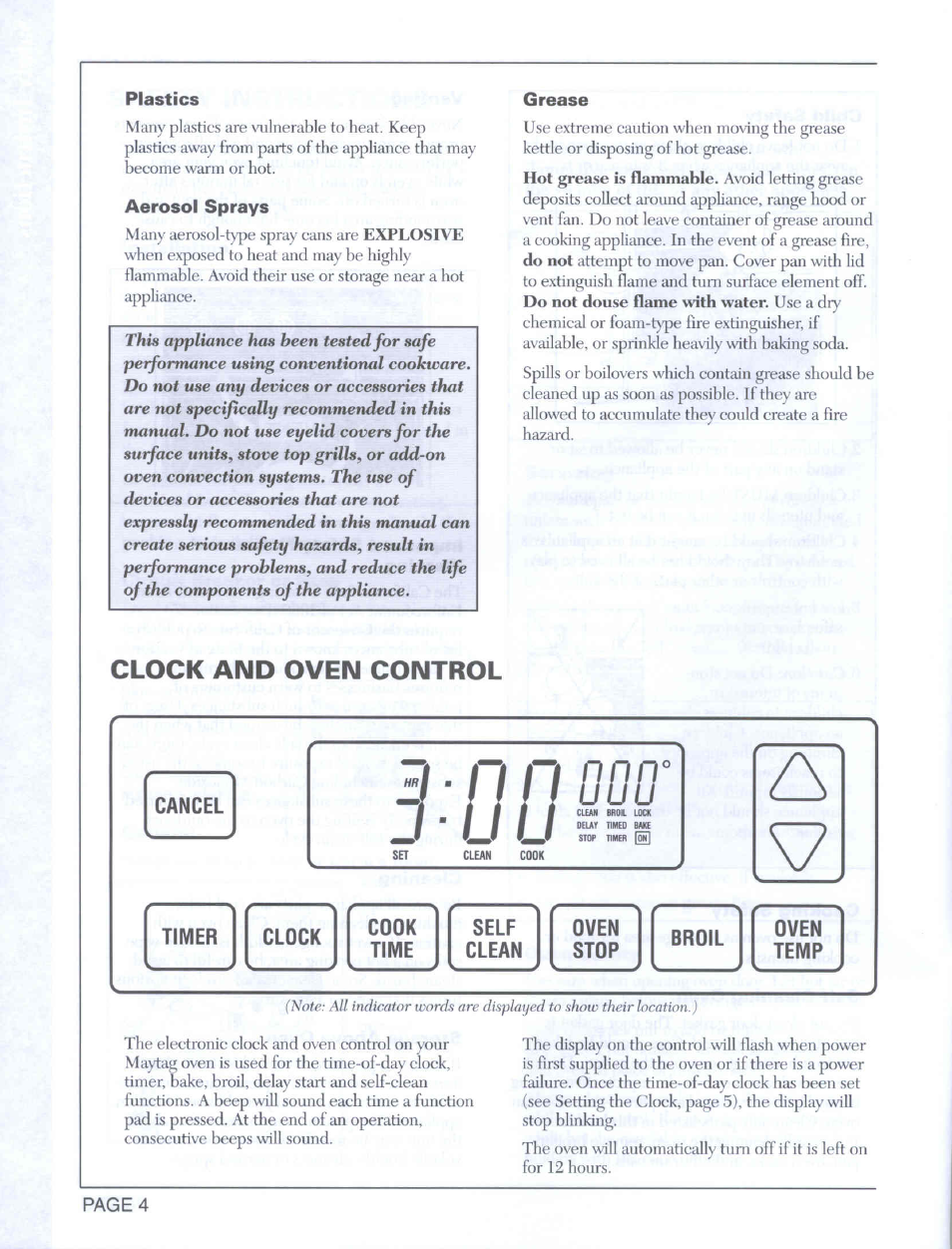 Plastics, Aerosol sprays, Grease | Cancel, Jf-i/u, Nooo, Timer, Clock, Cook, Time | Maytag CWE5800 User Manual | Page 6 / 20