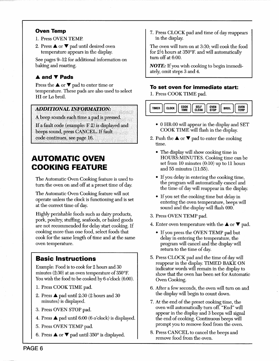 Oven temp, A and t pads, To set oven for immediate start | Automatic oven cooking feature, Basic instructions | Maytag CWE5800 User Manual | Page 8 / 20