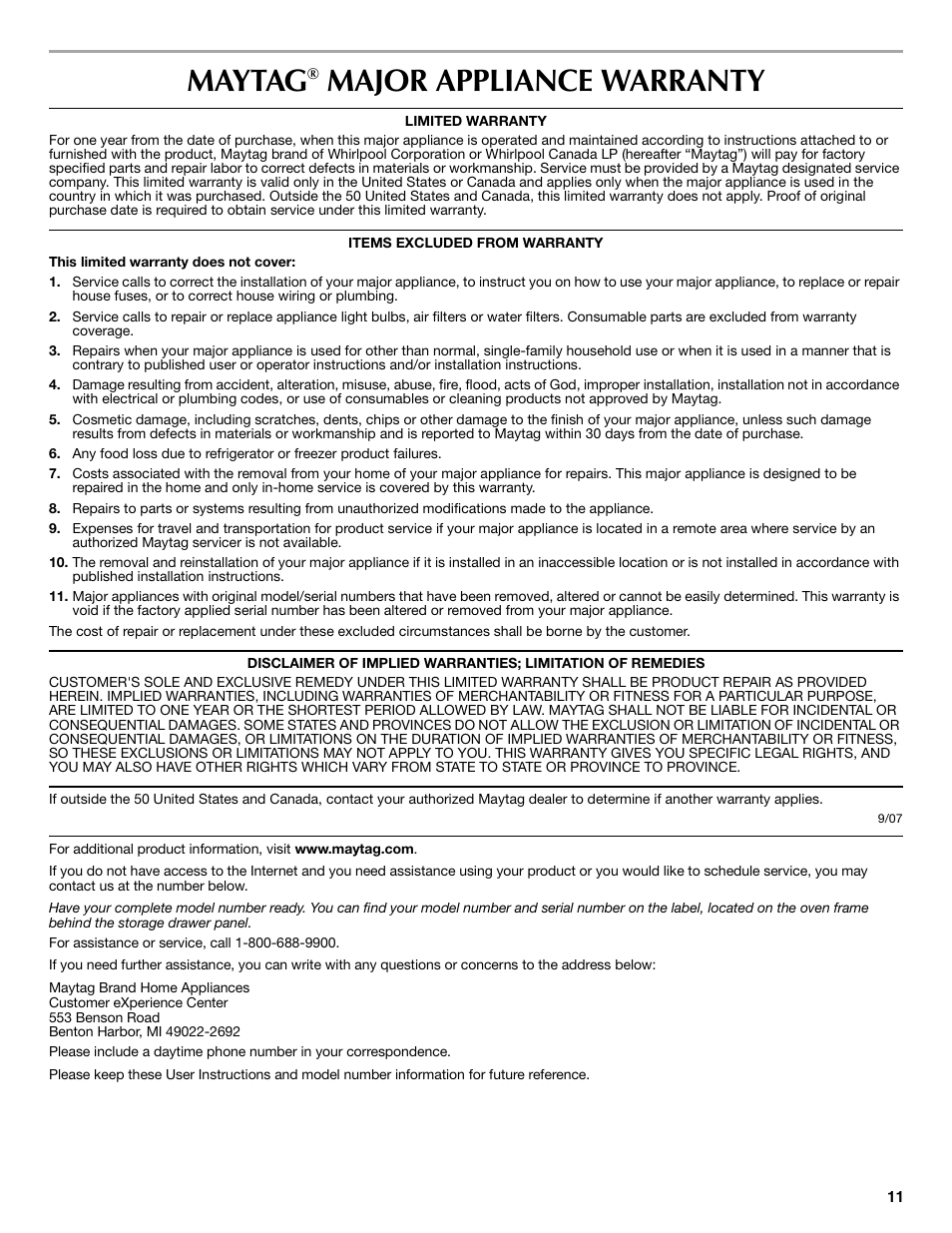 Maytag, Major appliance warranty | Maytag Range User Manual | Page 11 / 12