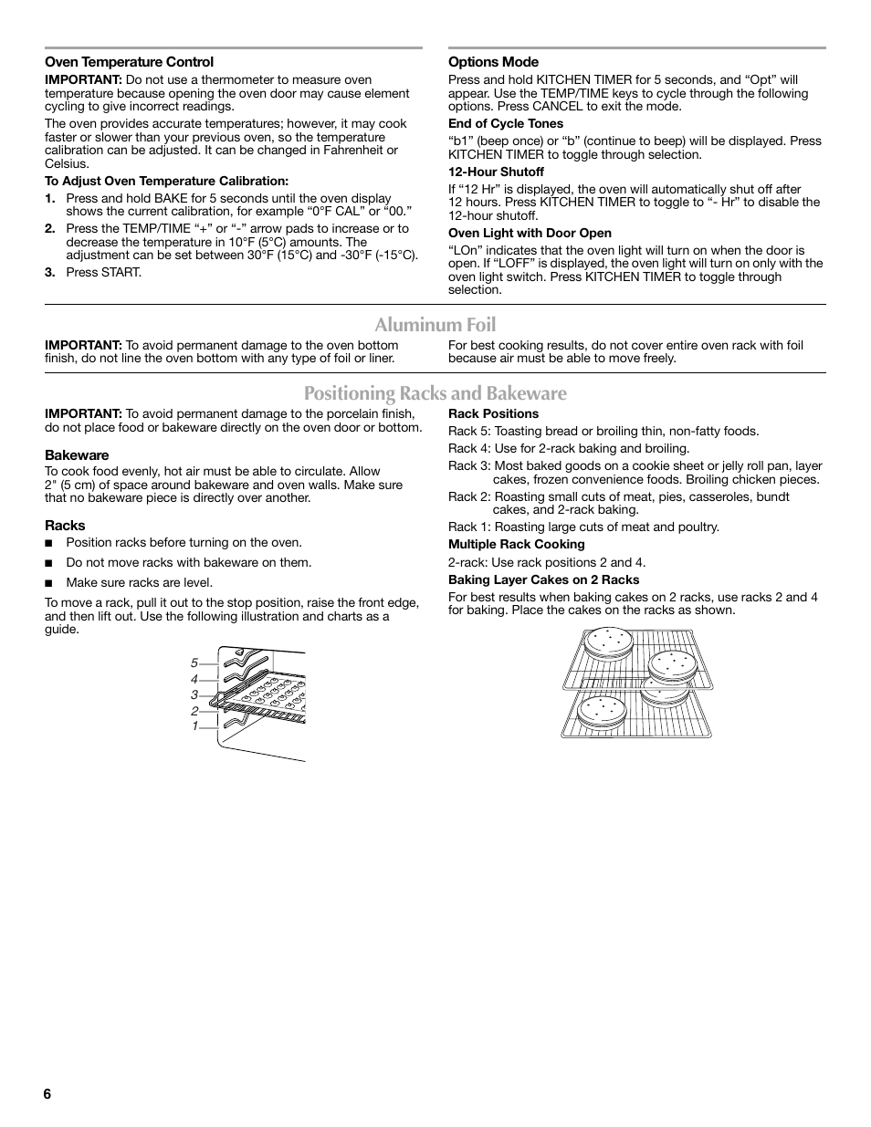 Aluminum foil, Positioning racks and bakeware | Maytag Range User Manual | Page 6 / 12