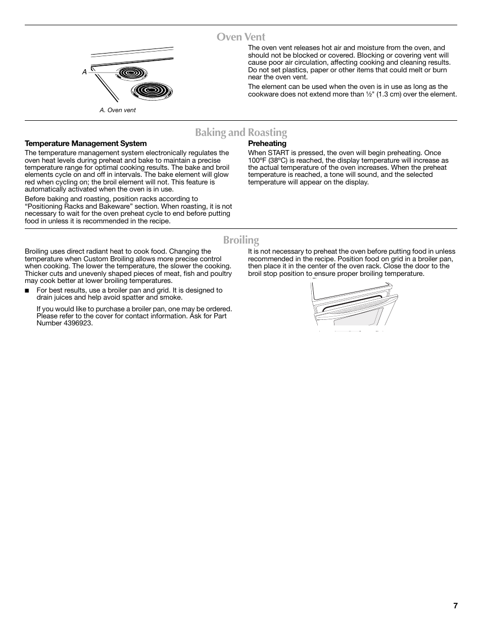 Oven vent, Baking and roasting, Broiling | Maytag Range User Manual | Page 7 / 12