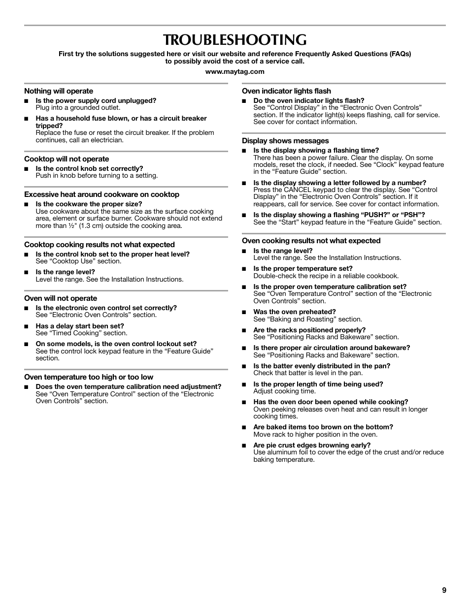 Troubleshooting | Maytag Range User Manual | Page 9 / 12