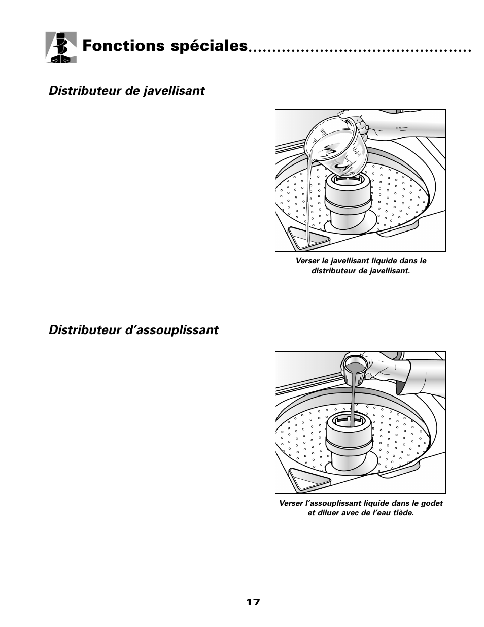 Fonctions spéciales, Distributeur de javellisant, Distributeur d’assouplissant | Maytag W10117754A User Manual | Page 18 / 36