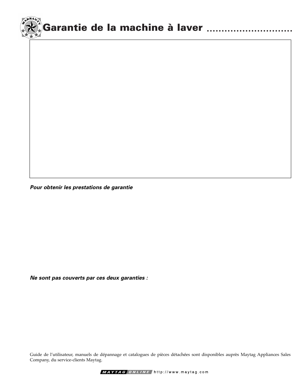 Garantie de la machine à laver | Maytag W10117754A User Manual | Page 24 / 36
