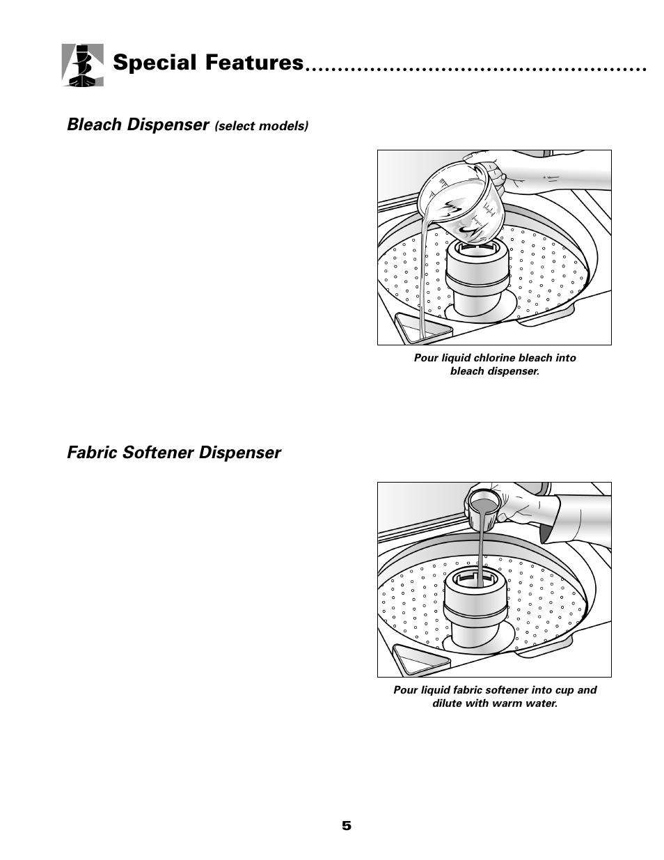Special features, Bleach dispenser, Fabric softener dispenser | Maytag W10117754A User Manual | Page 6 / 36