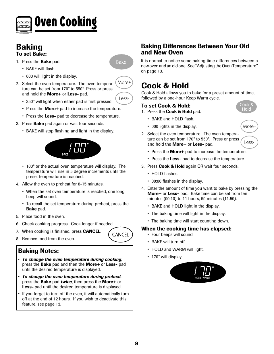 Oven cooking, Baking, Cook & hold | Baking differences between your old and new oven | Maytag 8113P768-60 User Manual | Page 10 / 76