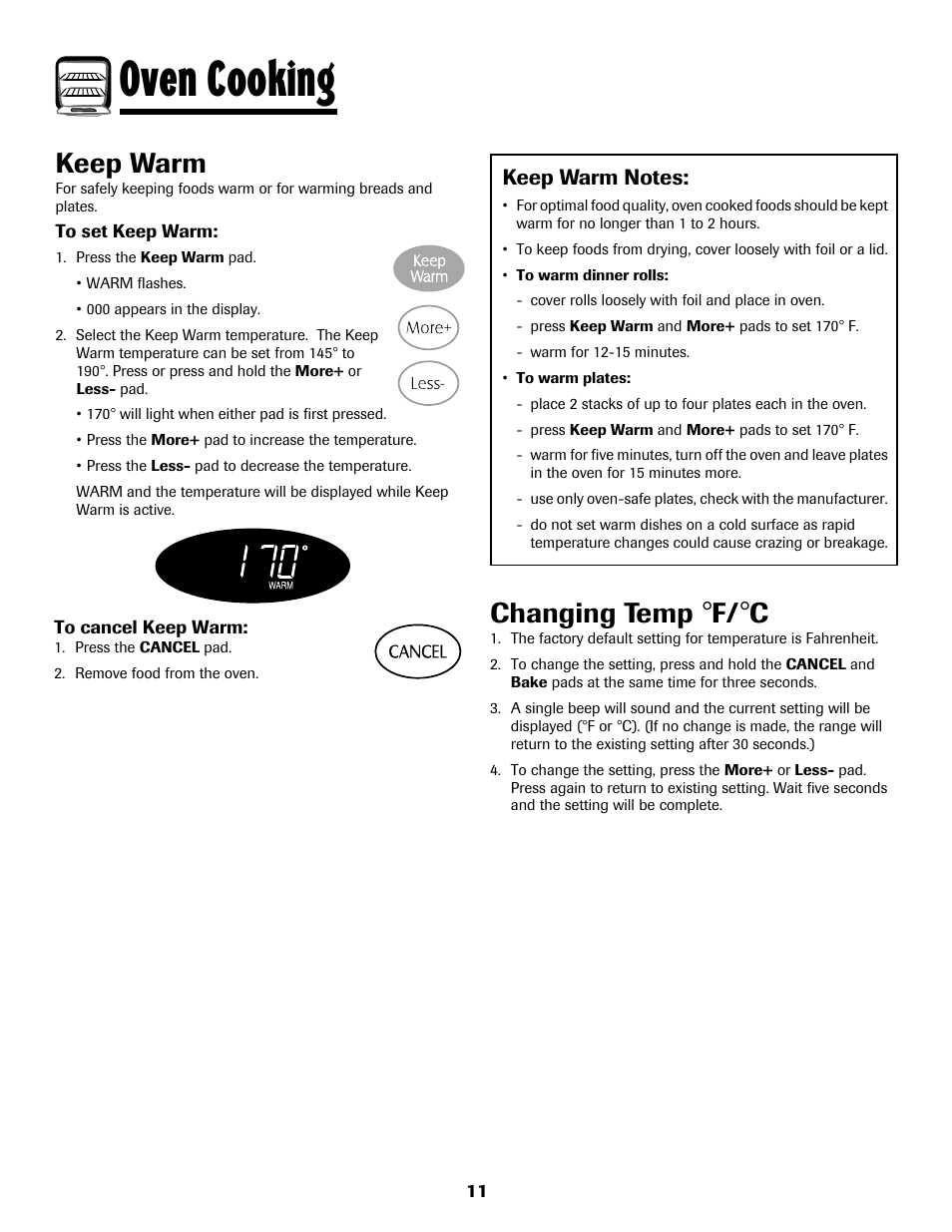 Oven cooking, Keep warm, Changing temp | Maytag 8113P768-60 User Manual | Page 12 / 76