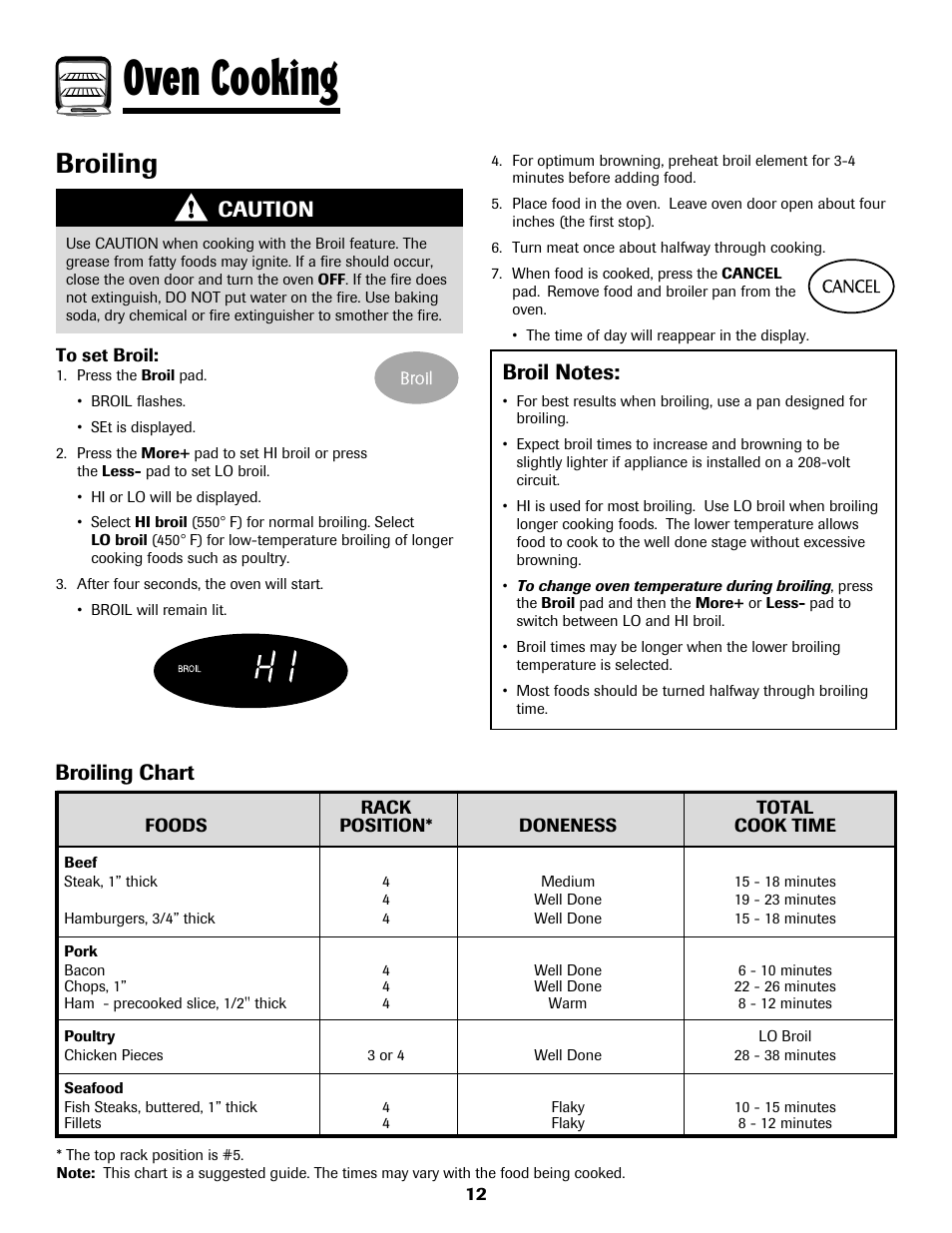 Oven cooking, Broiling, Broiling chart | Caution | Maytag 8113P768-60 User Manual | Page 13 / 76