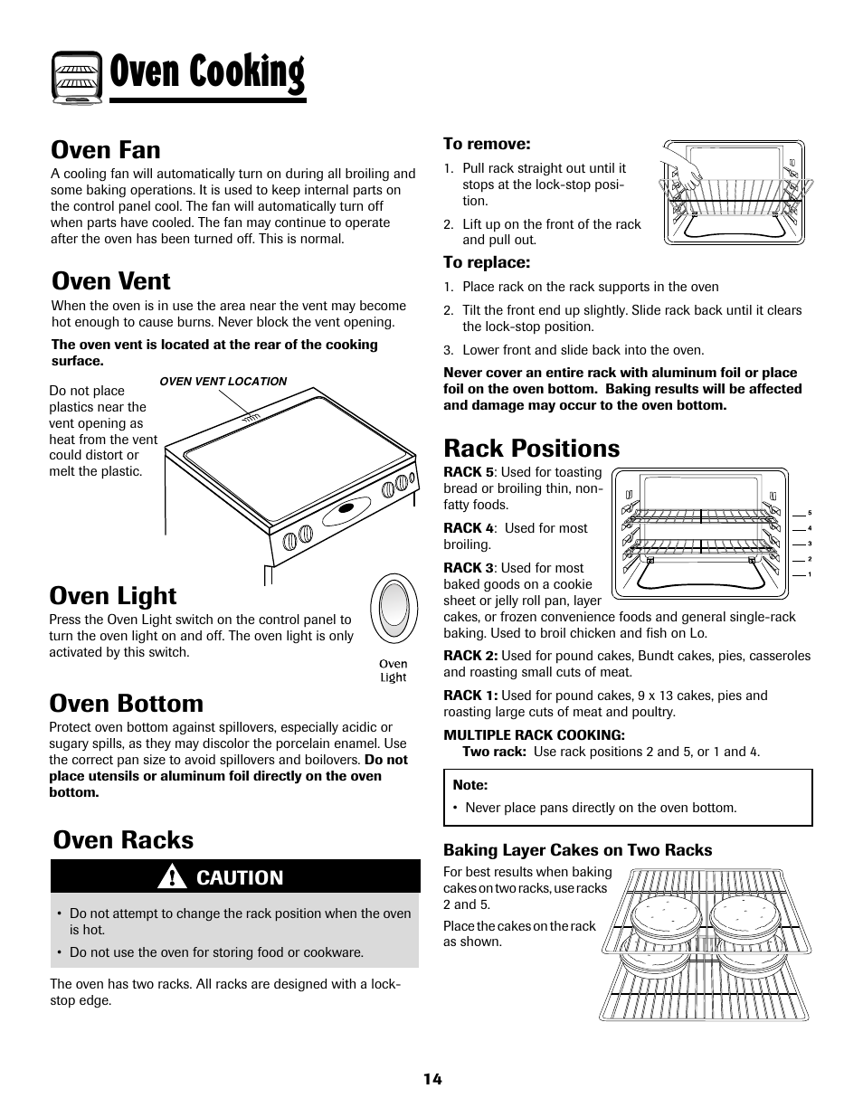 Oven cooking, Oven light, Oven bottom | Oven vent, Oven racks, Oven fan, Rack positions | Maytag 8113P768-60 User Manual | Page 15 / 76